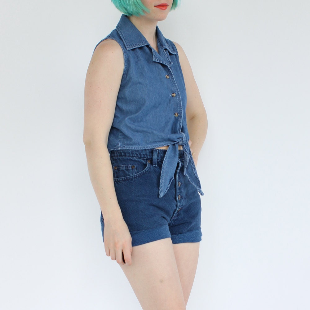 vintage 90's denim summer CROP TOP tie shirt blouse