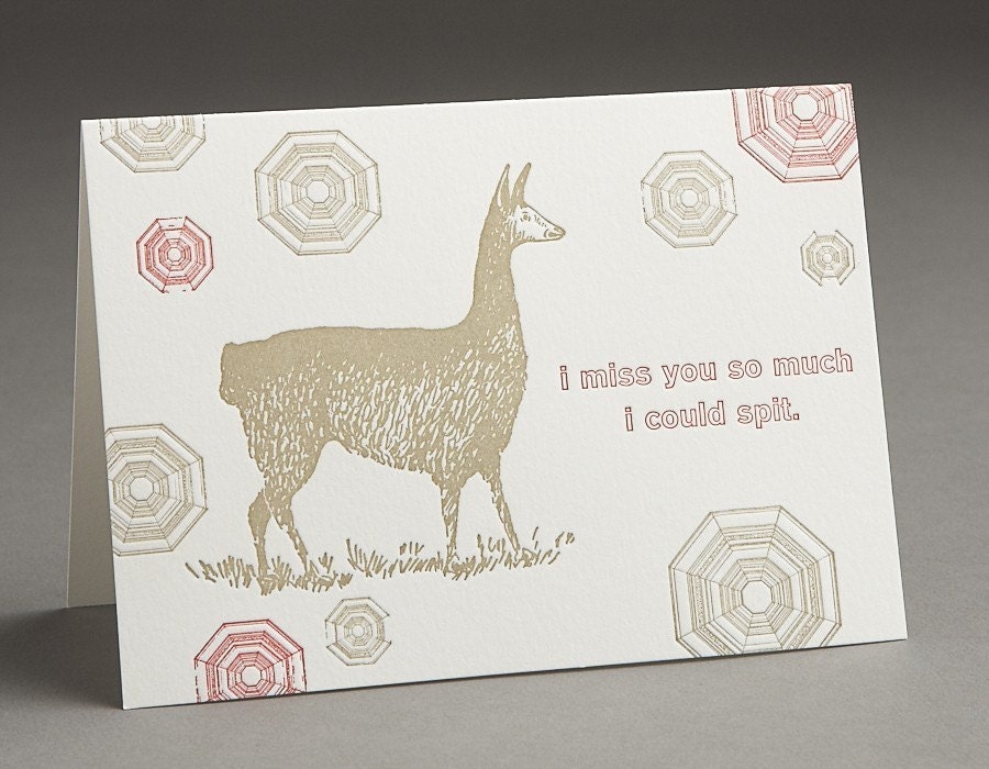 Llama Spit - I Miss You - Letterpress Greeting Card