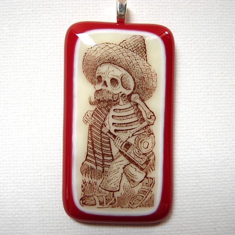 Dia de los Muertos Skeleton with Bottle fused glass pendant