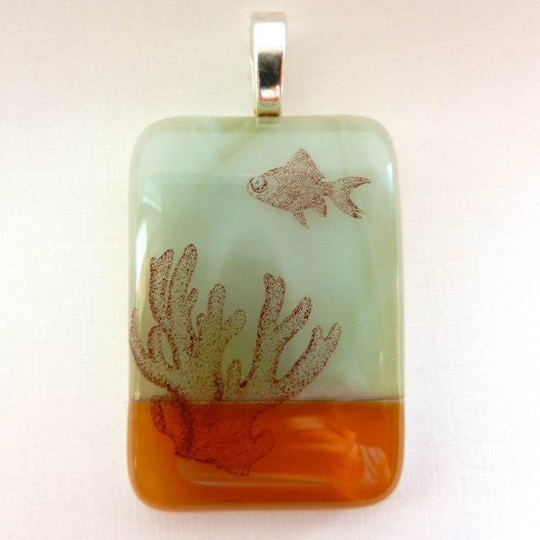Aqua Amber Aquarium fused glass pendant