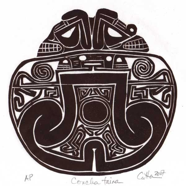 Matted Taino Caribbean art handpulled woodcut print Original art by Diane Cutter Matted for 13x13 frame