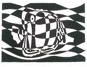 Original Butterfly fish hand-pulled linocut relief print by Diane Cutter matted for 11x14 frame