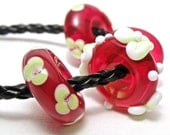 Juicy Cherry Red with Flowers Handmade Lampwork Glass Beads - Charm Bracelet Beads Fits European Style (Set of 4) SRA