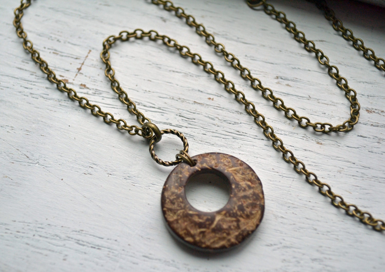 Natural Rustic Coconut Necklace with Antique Brass Chain