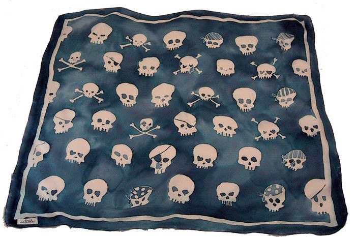 hand painted silk skull scarf - large square - navy blue