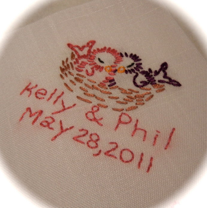 Hand Embroidered Love Birds Handkerchief -- Custom Made With Your Color Choices for Embroidery and Scalloped Edging