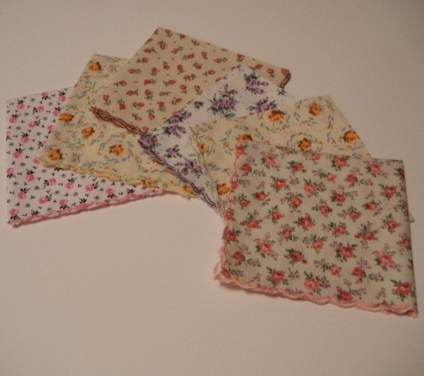 Handmade Floral Handkerchief with Scalloped Edge -- Set of Six -- Vintage and Retro Fabrics