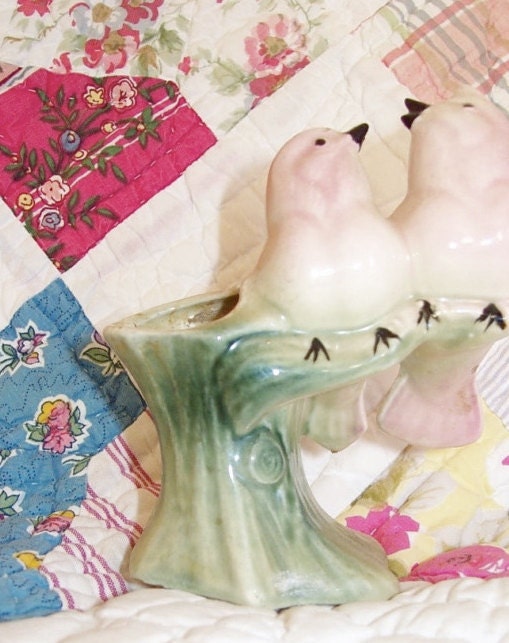 Vintage Lovebirds Pottery Planter - Tree Branch - Glazed Ceramic - Pastel Pink Birds - Mid Century Decor
