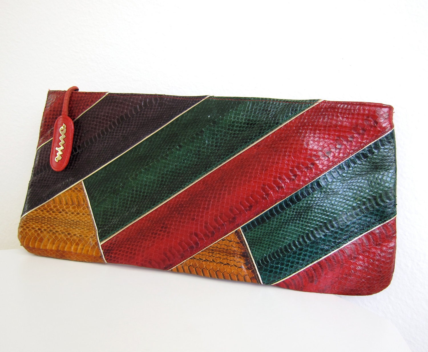70s Nina Snakeskin Clutch Purse Vintage - Envelope Bag - Red Leather - Golden Mustard - Forest Green - Patchwork Geometric - Spain