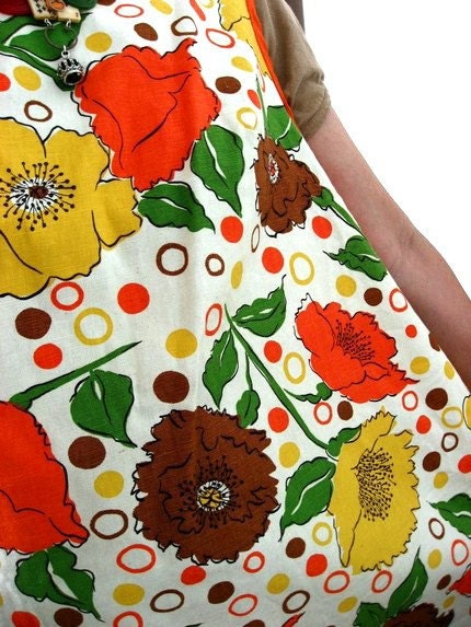70s Apron Garden Smock Top Vintage - Apron Tree of California - Polka Dot Dots - Tangerine Orange Floral