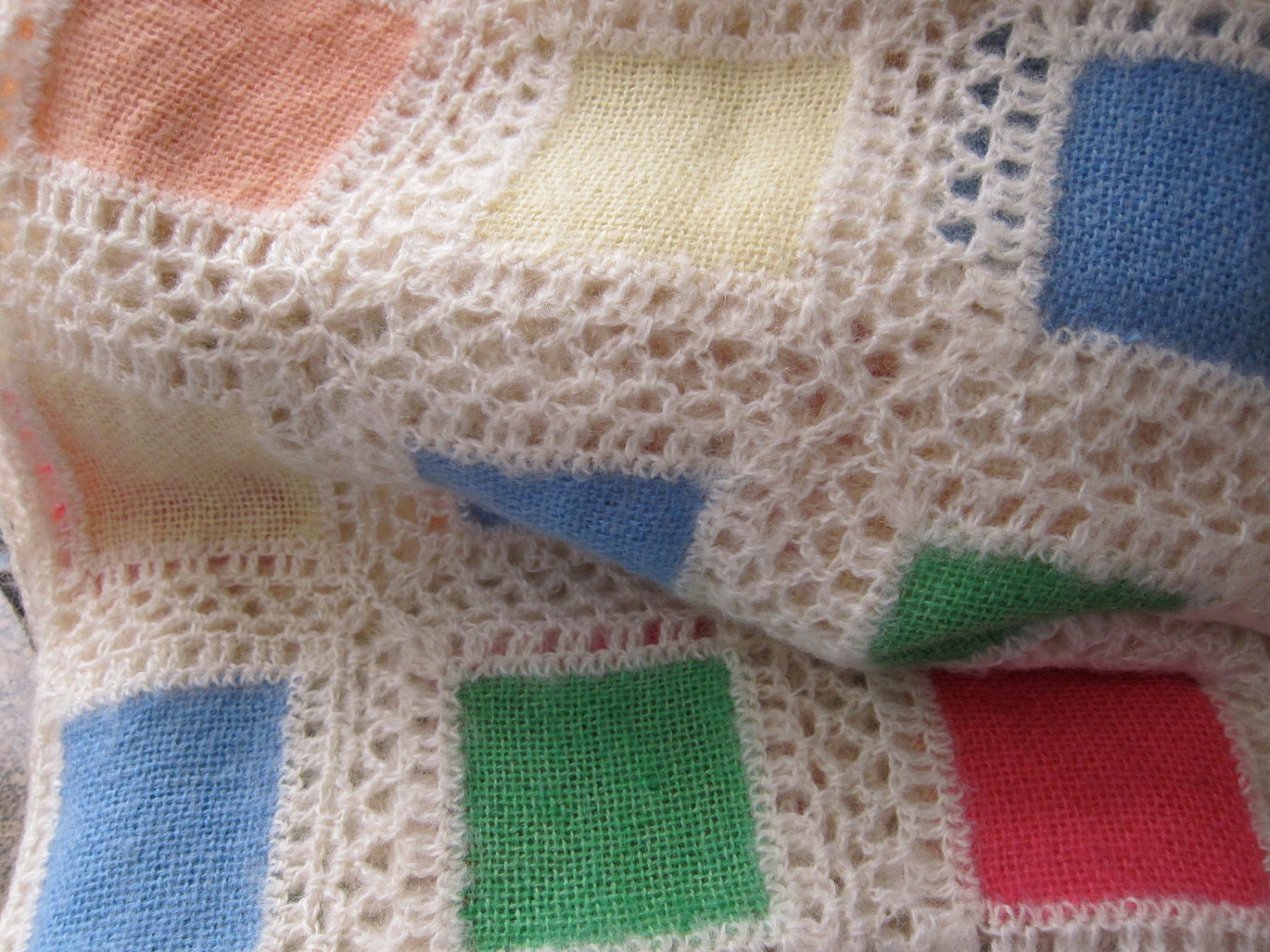 RESERVED Vintage Afghan Blanket Soft Geometry Squares - Cozy Woven Wool - Pastels Crochet Blankie - Shabby Cottage Chic