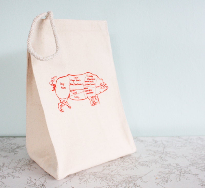 Pig butcher's diagram lunch bag - recycled cotton