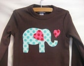 Girls Valentine Applique Shirt- Elephant Love- brown long sleeve shirt