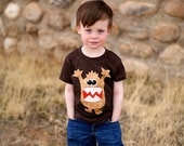 Boys Monster Applique Shirt- Brown short or long sleeve
