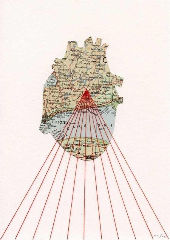 CUSTOM Embroidered Print 'One Heart' / map collage anatomical heart red thread