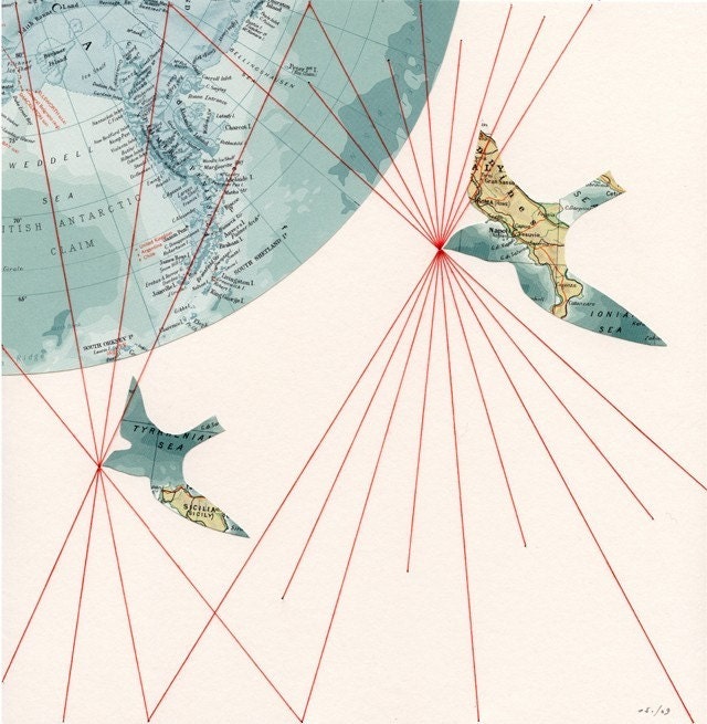 CUSTOM ORIGINAL Embroidered Map Collage Birds Travel Gift Geography 10 x 10 - Birds by selflesh