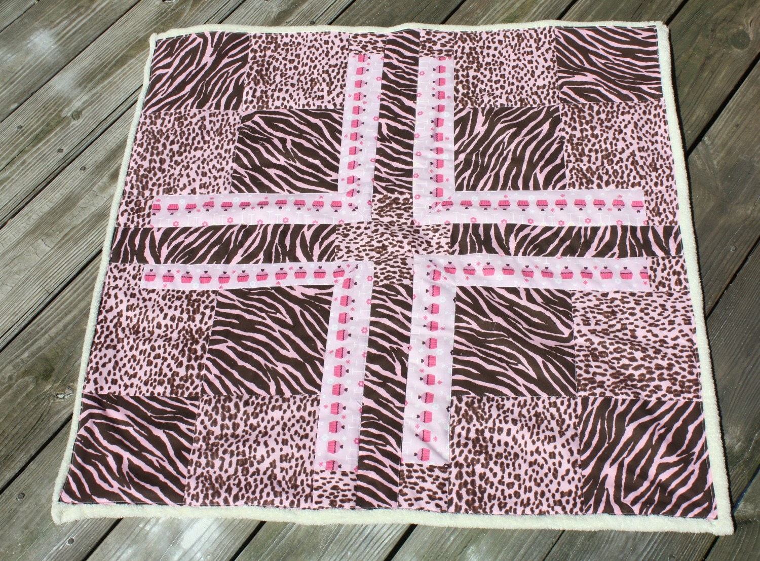 Baby Quilt Minky Chenille leopard, zebra, cupcakes