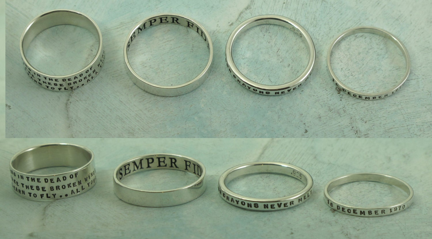 Custom Stamped Ring - aka Smooth Like Butter Posey Rings - personalized in sterling silver by Kathryn Riechert (Tiny Text)