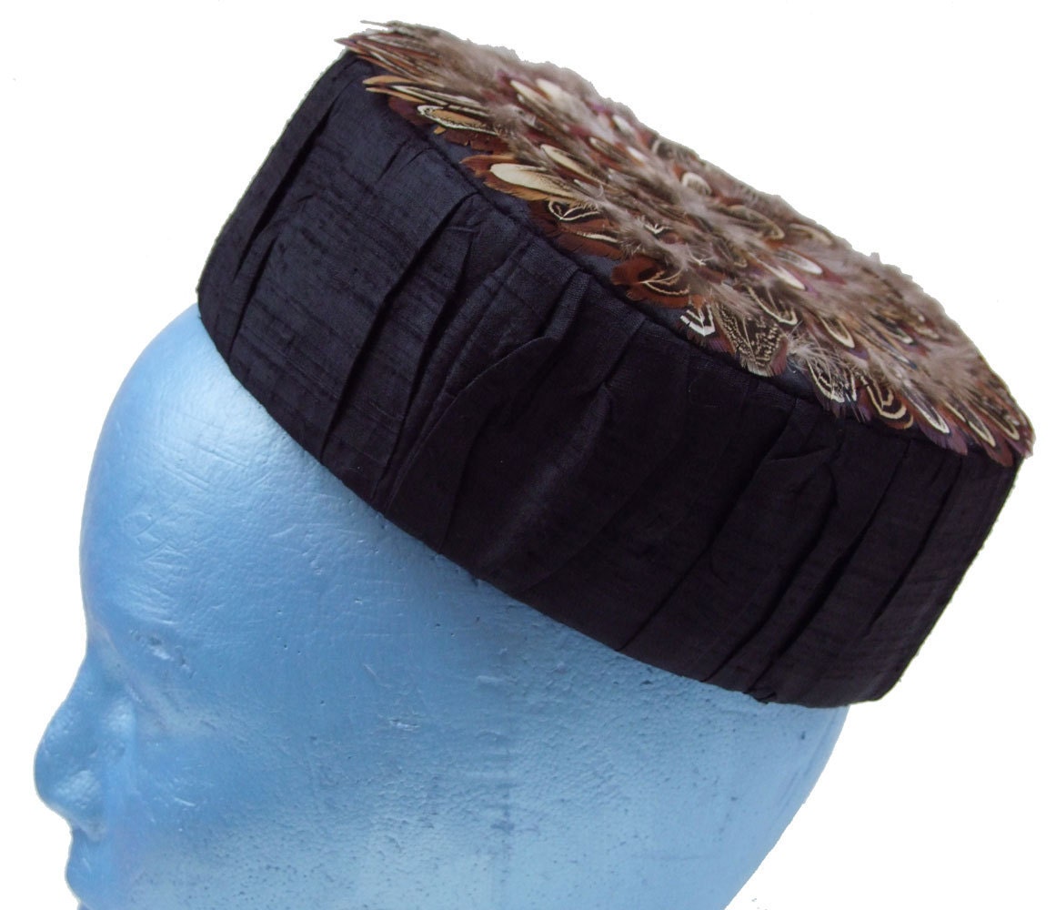 Silk and pheasant feather pillbox hat