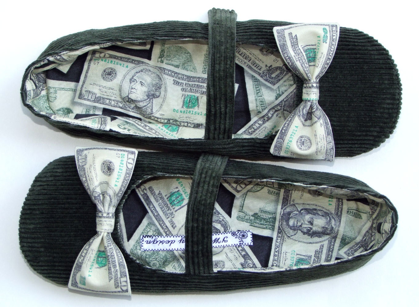 Diamonds on the Soles Of Her Shoes slippers in green corduroy and money print size US 9 to 9.5, UK 7.5, Euro 40