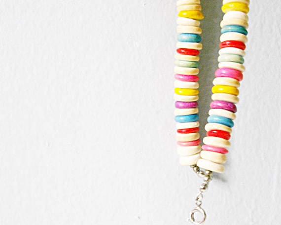 Vintage rainbow candy wood beaded multiple strand necklace - fun and happy and perfect for summer - bright blue pink red yellow wooden beads