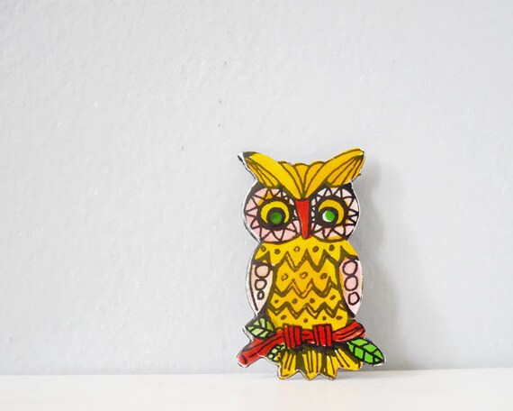 Colorful owl vintage pin enamel brooch fun happy jewelry