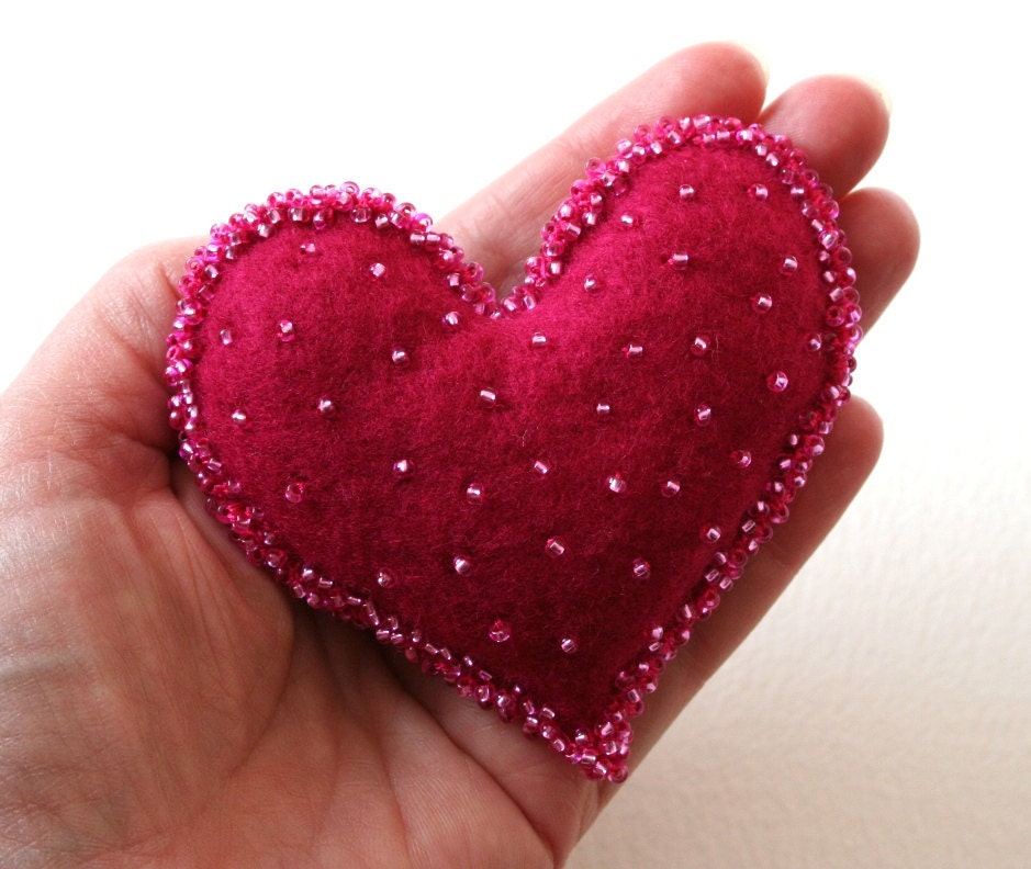 Shocking Pink Glass Beaded Felt Heart Brooch