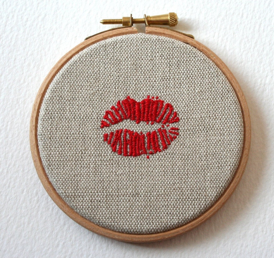 Hoop Art Red Lipstick Kisses Hand Embroidered Stitched Illustration