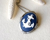Nautical Anchor Necklace - white anchor, navy background, cameo, steel ball chain, brooch, summer fashion