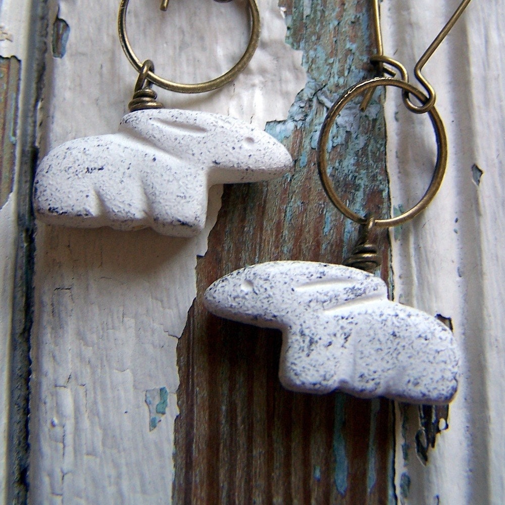 RESERVED for Anastasia White Rabbit Earrings vintage white distressed plastic rabbits