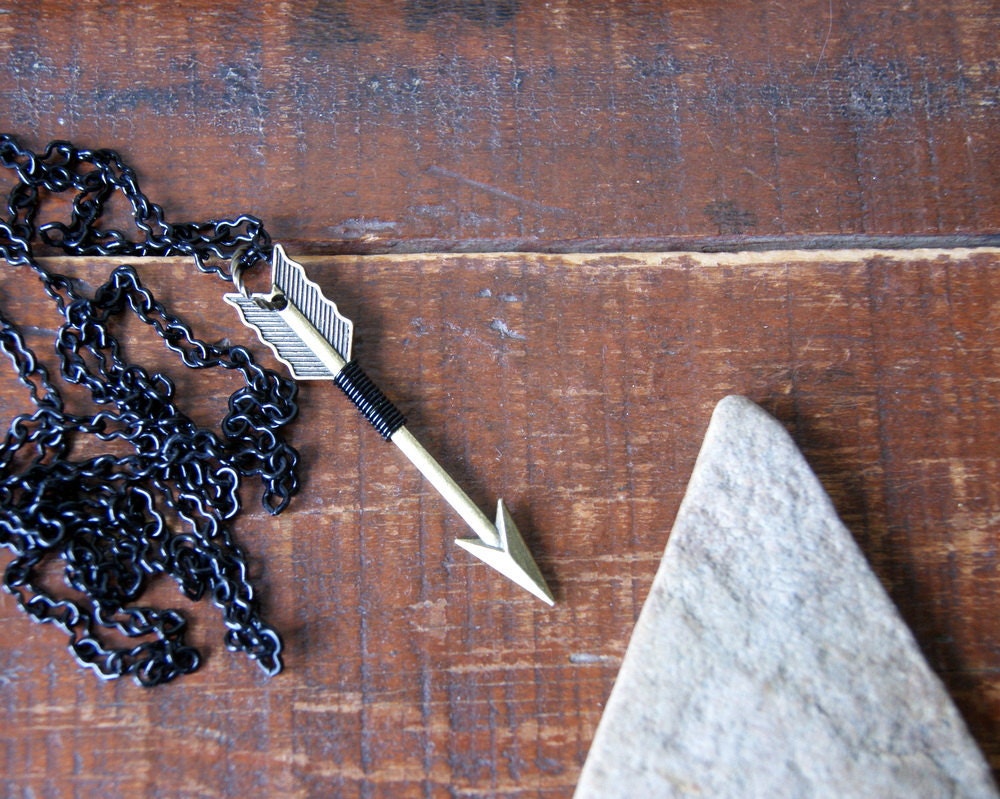 Arrow Necklace - black wire wrapped antiqued brass arrow pendant - archery - unisex fashion - Handmade by BlackStar