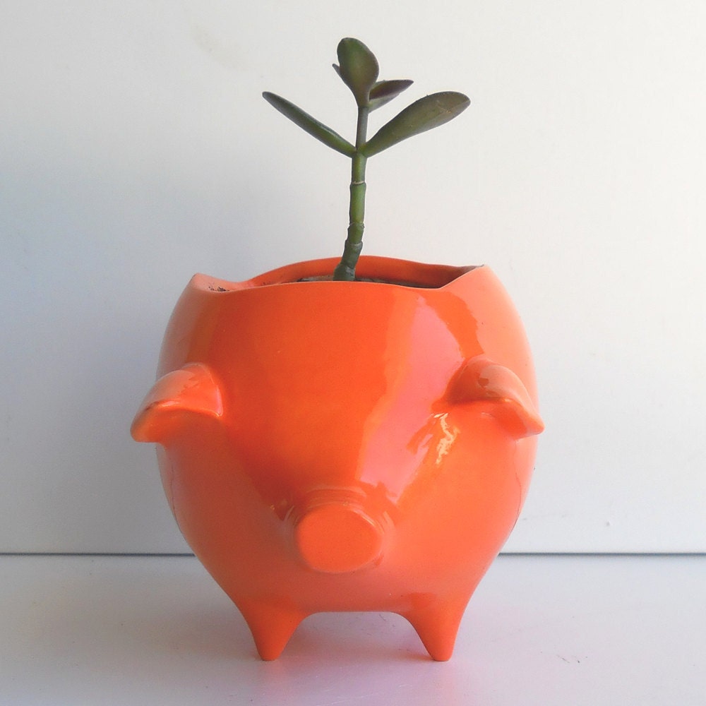 Ceramic Pig Planter Vintage Design in Orange