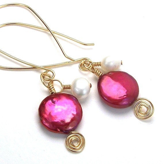 Red & White Pearl Earrings Gold Read Earrings Affordable Red Dangle Earrings Ample Goddess Jewelry