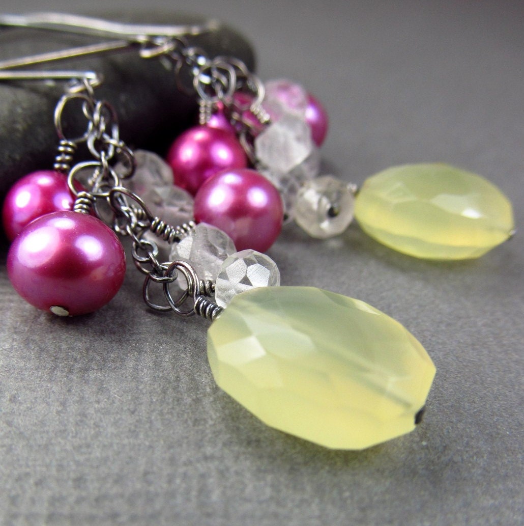 Bright Pink & Yellow  Earrings Chalcedony Gemstone Pearls Black Oxidized Sterling Silver Cluster Earrings Patina