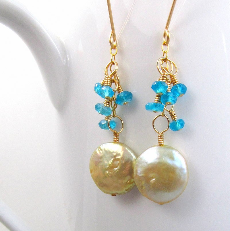 Gold Teal Cream Earrings Apatite & Cream Pearl Earrings Cluster Aqua Blue Gemstone Freshwater Cultured Pearls Wedding Jewellry