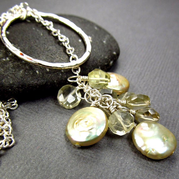 Lariat Necklace Lemon Quartz Gemstone Cream Freshwater Culture Pearl Wedding Jewelry Ample Goddess Jewelry Hammered Fine Silver (.999)