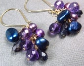 Gold Blue Purple Earrings Amethyst & Navy Iolite Cluster Earrings Blue Gemstone Pearl Elegant Peacock Jewelry