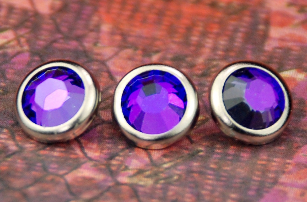 10 Heliotrope Crystal Hair Snaps - Round Silver Rim Edition -- Made with Swarovski Crystal Element Rhinestones