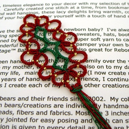 Victorian Red and Green Tatted Bookmark - FREE SHIPPING