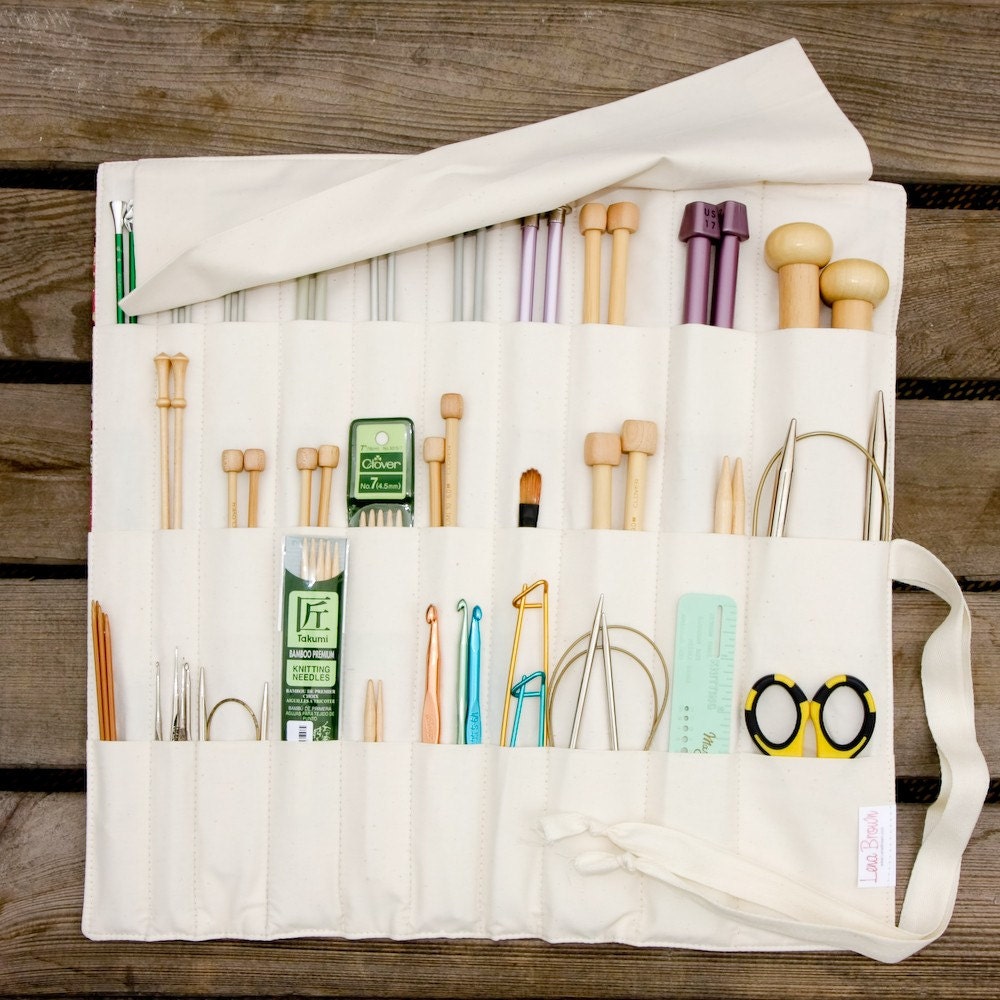 CUSTOM Knitting Needle Case or Art Tool Organizer with Natural Cotton Pockets for all sizes, circular, straight, dpn, or paint brushes