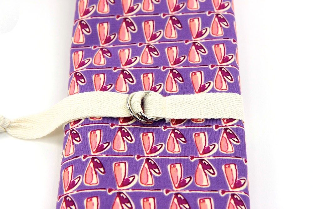 Knitting Needle Case or Art Tool Organizer with Ivory Pockets SHORT Purple Dragonfly