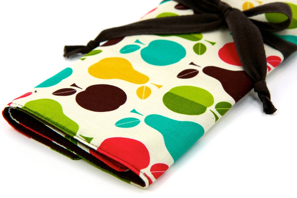 Large Knitting Needle Case or Art Tool Organizer - Apples N Pears - 30 brown pockets for circular, straight, dpn, or paint brushes