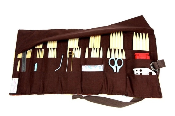 SHORT Knitting Needle Organizer Case - CURVES - 24 brown pockets for circular, double pointed, interchangable or travel