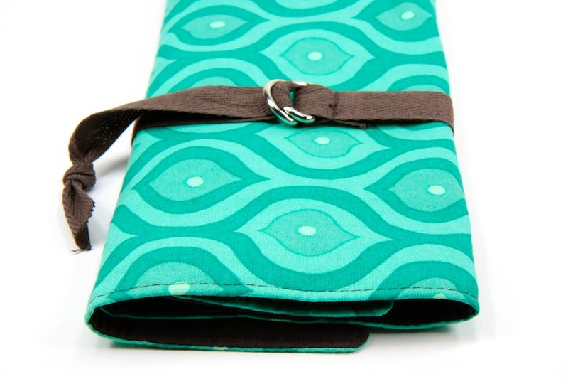 SHORT Knitting Needle Organizer Case - CURVES - 24 brown pockets for circular, double pointed, interchangable or travel