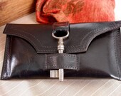 Brown Leather Checkbook Wallet with Antique Key and Snap - Espresso Long Wallet - MADE TO ORDER