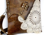 Boho Leather Messenger Bag with Crochet Doily and Antique Key - Medium - Made To Order