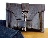 Brown Leather Wallet with Antique Skeleton Key and Snap - Espresso Unisex MADE TO ORDER