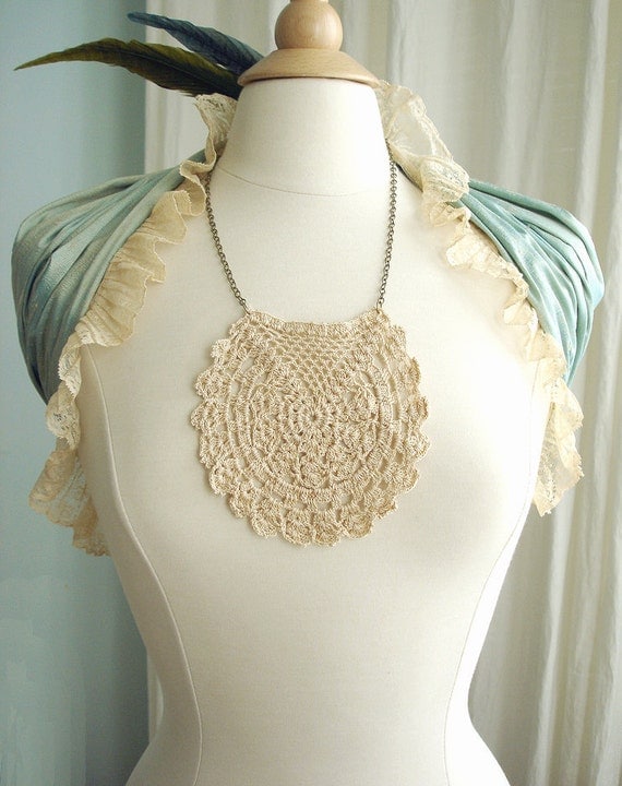 Boho Vintage Crochet Lace Bib Necklace with Antique Brass Chain