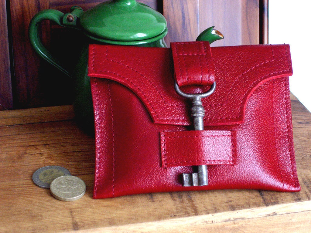 Red Leather Wallet with Antique Skeleton Key - Red Hot Steampunk Snap Wallet - MADE TO ORDER