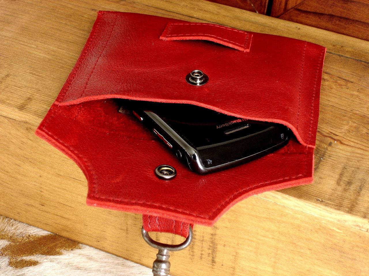 Red Leather Wallet with Antique Skeleton Key - Red Hot Steampunk Snap Wallet - MADE TO ORDER